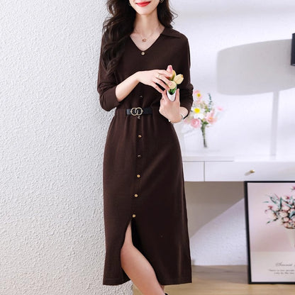 Damen Elegantes Midi-Kleid Knöpfe Tailliert