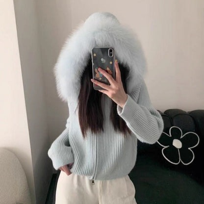 Damen Rippenstrickjacke Soft Norvielle Pelzkragen - Norvielle