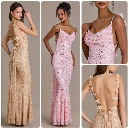 Damen Maxi-Kleid Pailletten Wasserfallausschnitt Figurbetonter Stoff - Norvielle