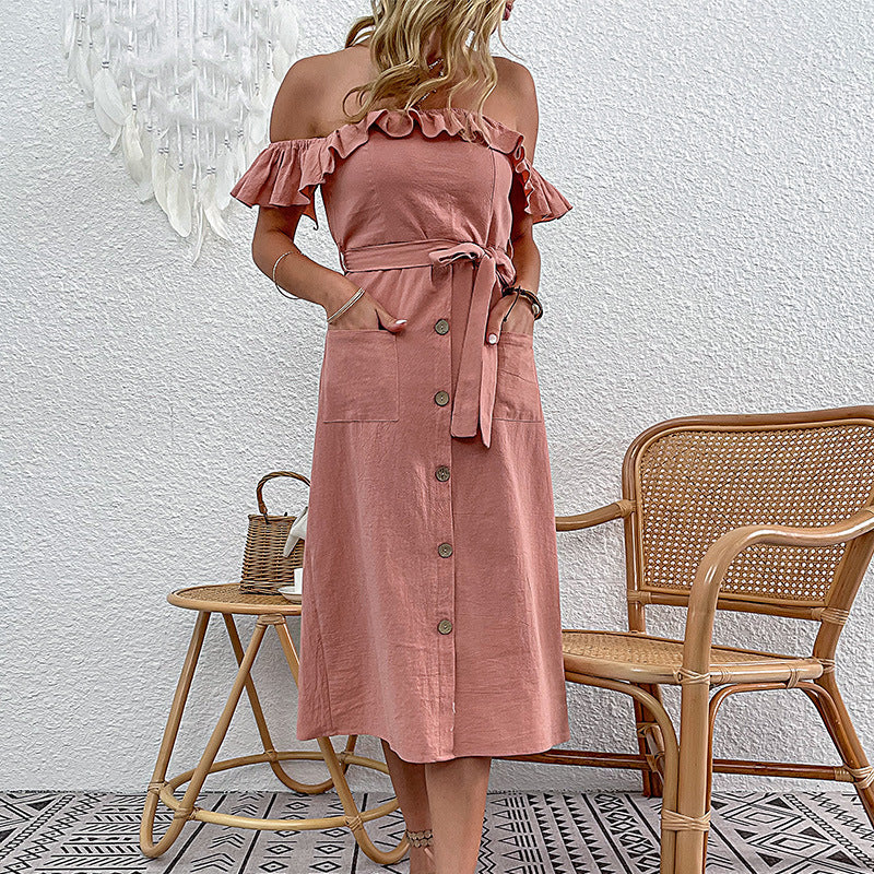Damen Off-Shoulder Midi-Kleid Rüschendetails Bindegürtel