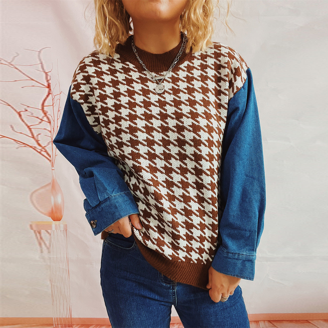 Damen Pullover Hahnentrittmuster Denim Ärmel Blau - Norvielle