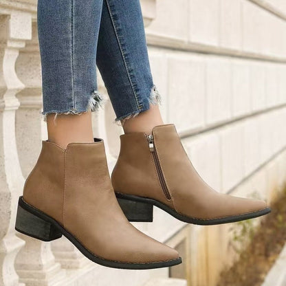 Norvielle Damen Stiefeletten Kunstleder Spitz Niedriger Blockabsatz