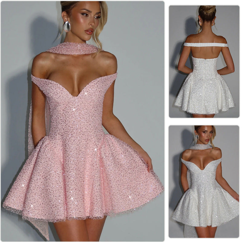 Damen Cocktailkleid Schulterfrei Paillettenbesatz Norvielle - Norvielle