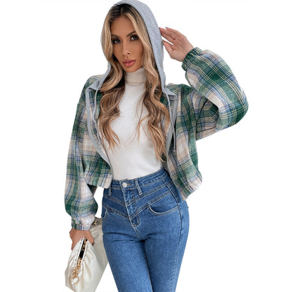 Damen Cropped Flanelljacke Kapuze Karomuster Norvielle
