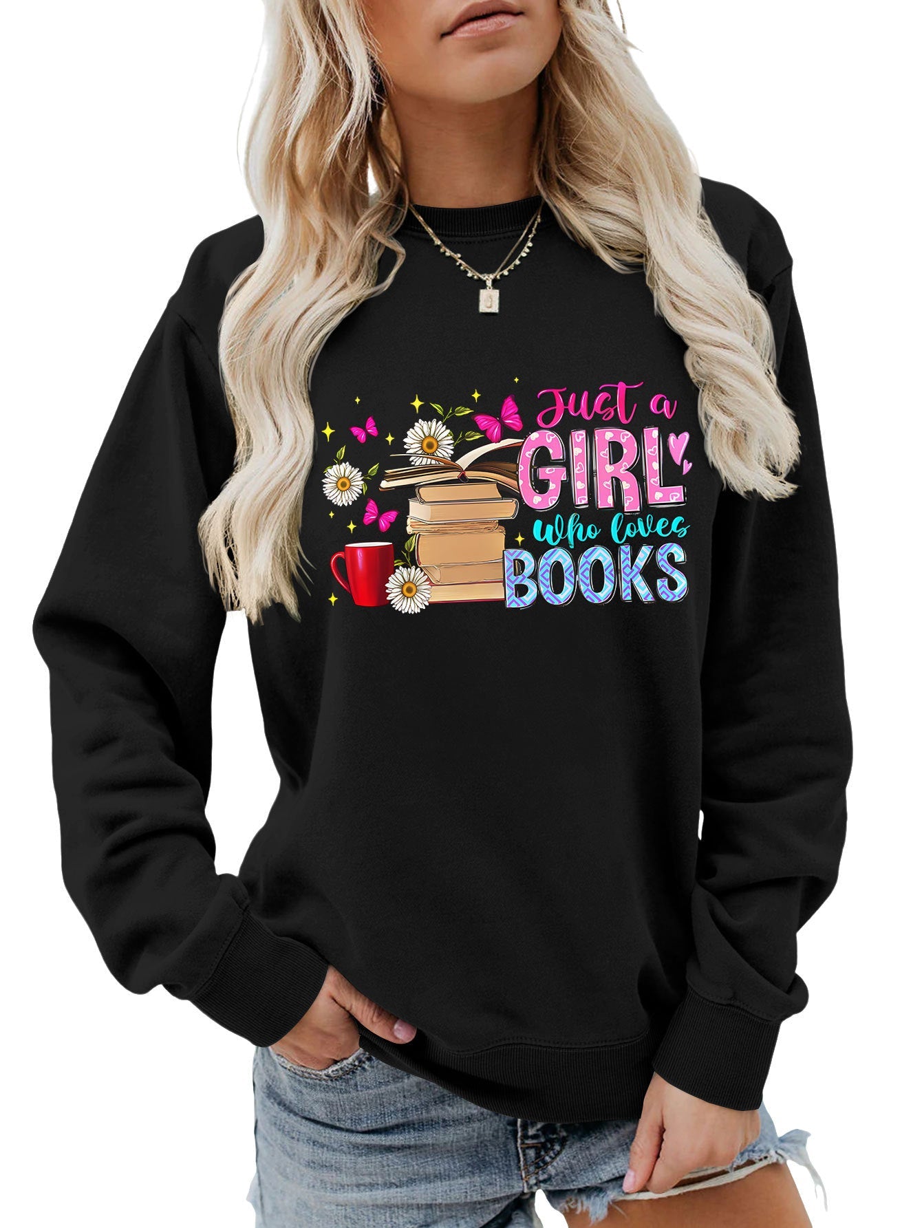 Damen Sweatshirt Buchmotiv Lässig Norvielle
