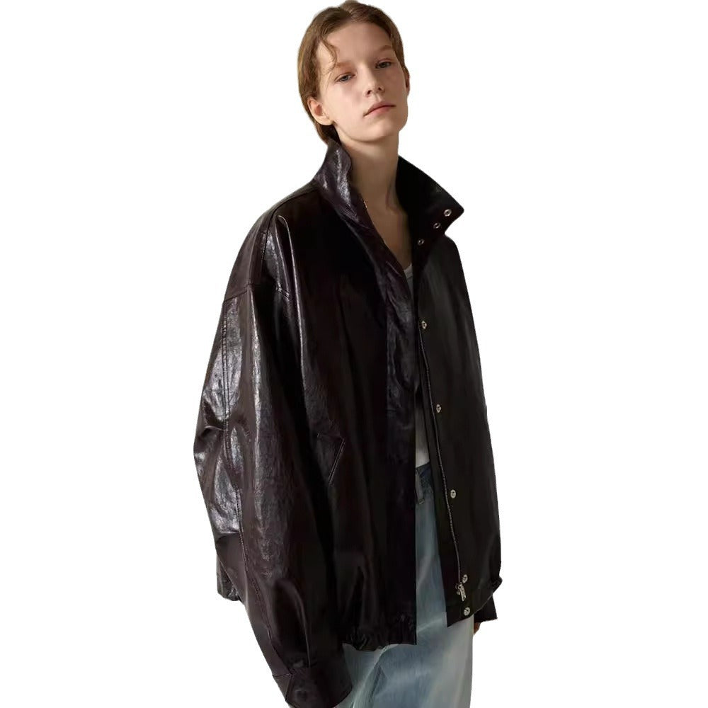 Damen Lederjacke Oversized mit hohem Kragen