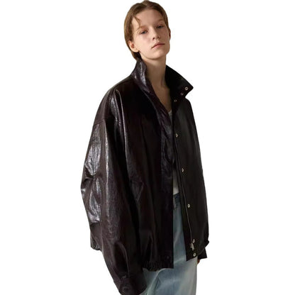 Damen Lederjacke Oversized mit hohem Kragen