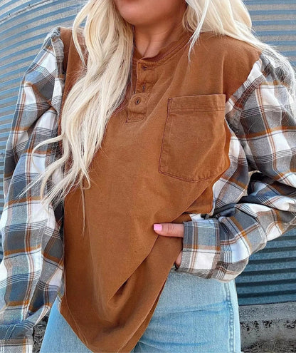 Damen Langarmshirt karierte Ärmel Norvielle