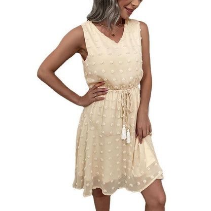 Damen Sommerkleid Luftig Pom-Pom-Details Verstellbarer Taillenzug