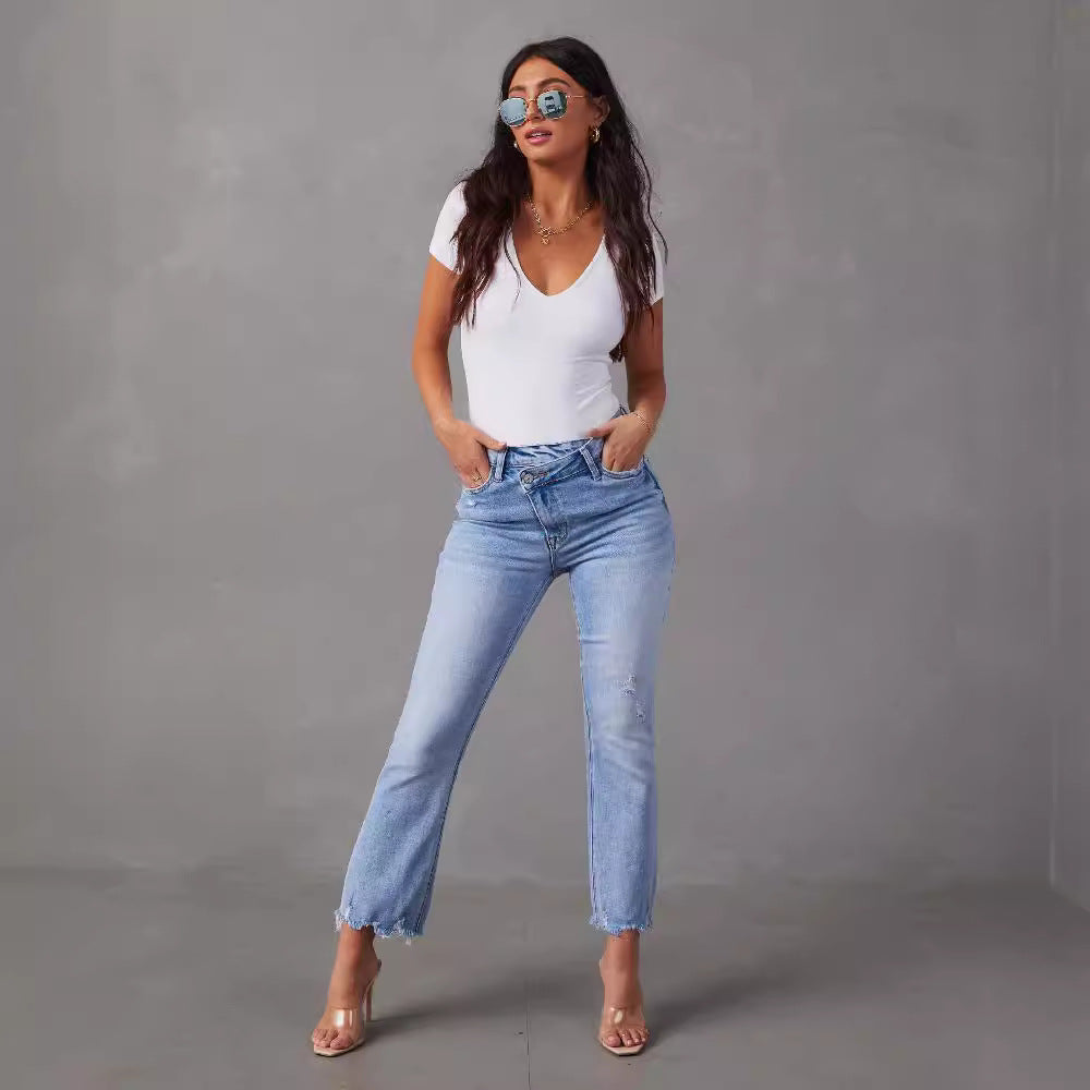 Damen Mom Jeans Fransiger Saum Norvielle