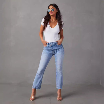 Damen Mom Jeans Fransiger Saum Norvielle