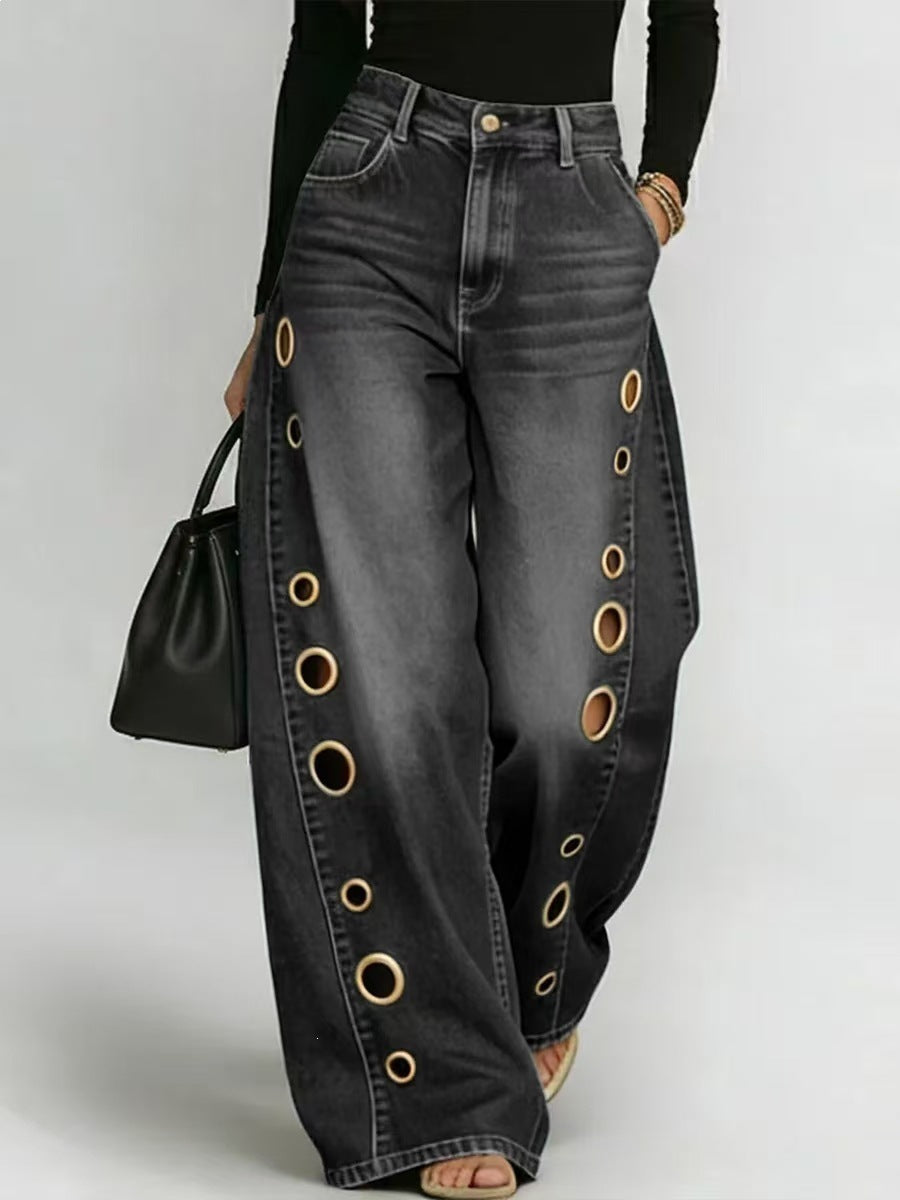 Damen Weite Jeans Dekorative Ösen Hoher Bund Norvielle