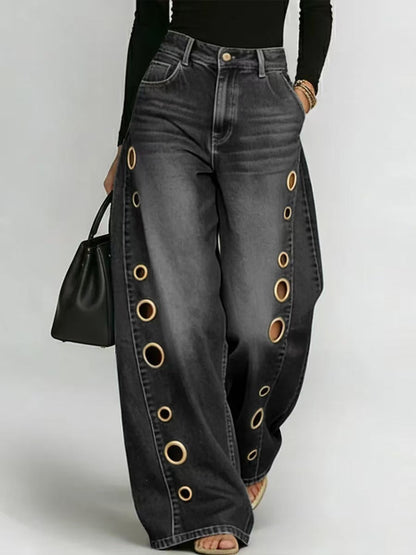 Damen Weite Jeans Dekorative Ösen Hoher Bund Norvielle