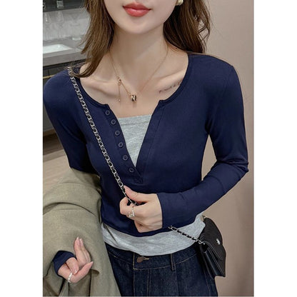 Damen Langarmshirt Knopfdesign Baumwolle Weiß