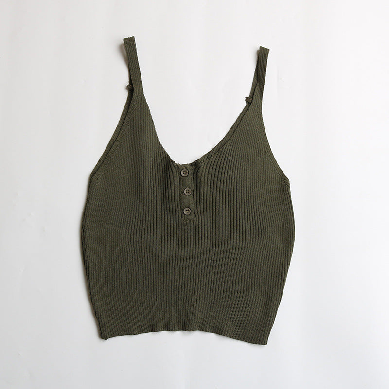 Damen Rippstricktop Ärmellos Knopfleiste Beige