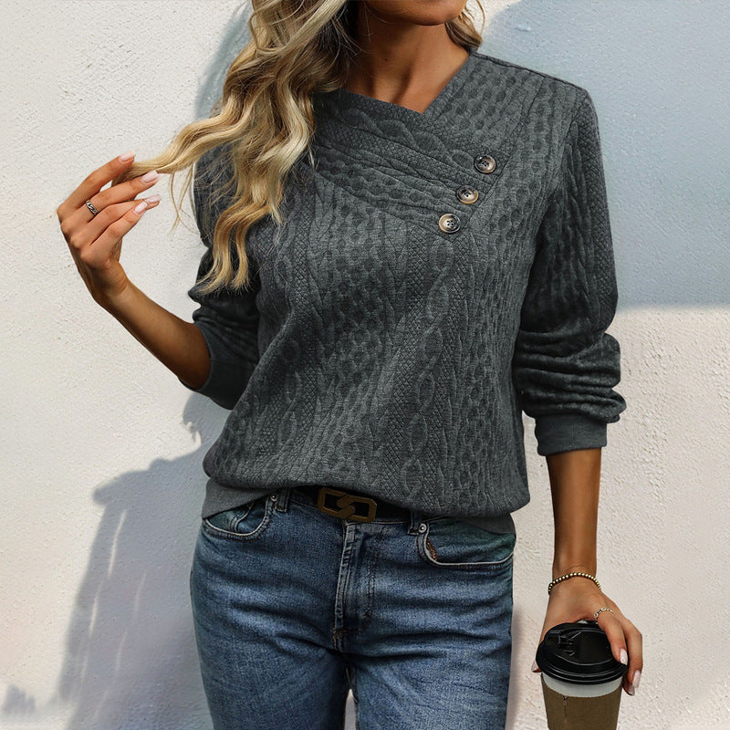 Damen Strickpullover Lässig Wellenmuster Knopfdetails Beige