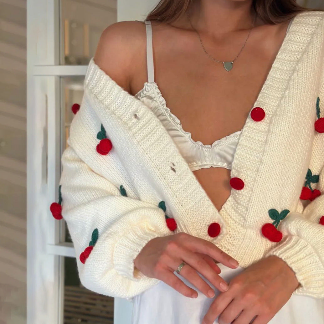 Damen Strickcardigan mit Kirschapplikationen Rosa