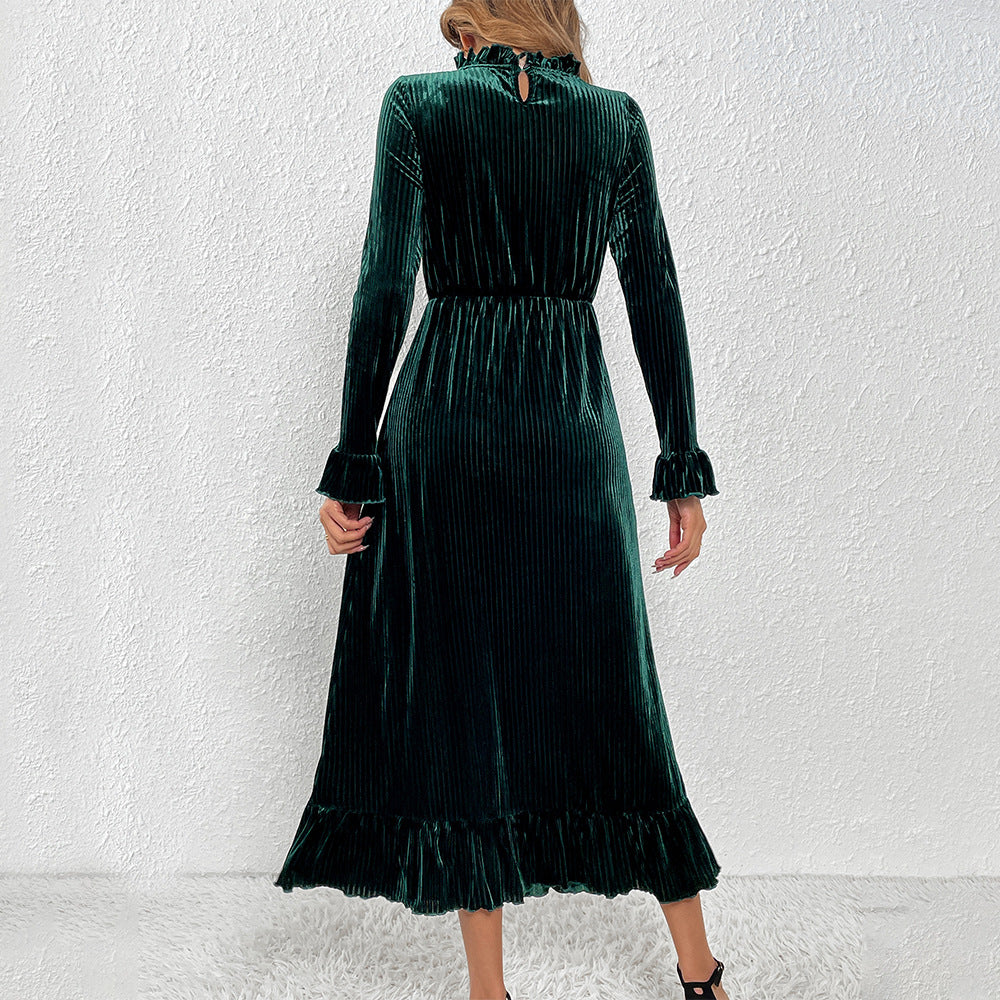 Damen Langarm-Wickelkleid Samt Rüschendetails