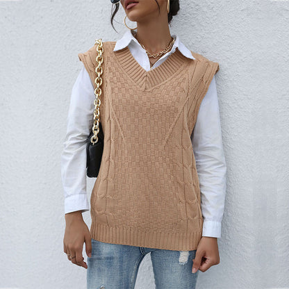 Damen Strickpullover Ohne Ärmel V-Ausschnitt Strukturiert Beige