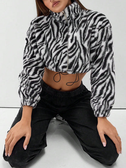 Damen Fleece-Jacke Zebra-Design Elastisch