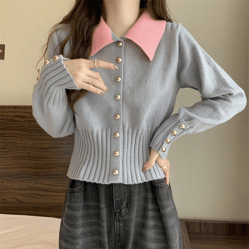 Damen Strickpullover Eleganter Kragen Knopfdetails Norvielle