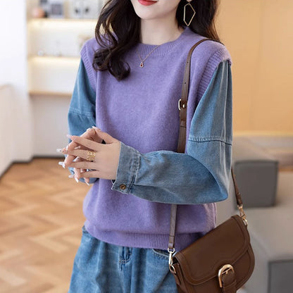 Damen Strickpullover Denim Ärmel Norvielle