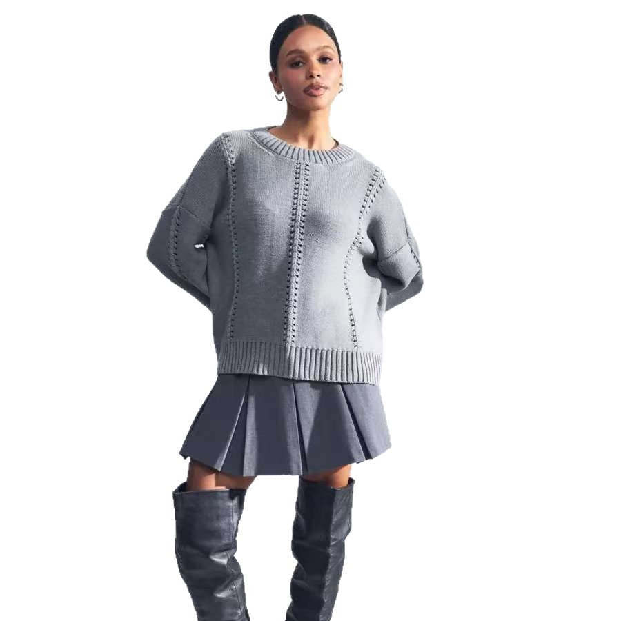 Damen Strickpullover Feine Lochmusterung Breite Bündchen Beige