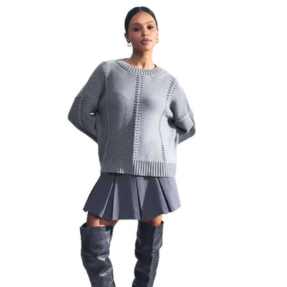 Damen Strickpullover Feine Lochmusterung Breite Bündchen Beige