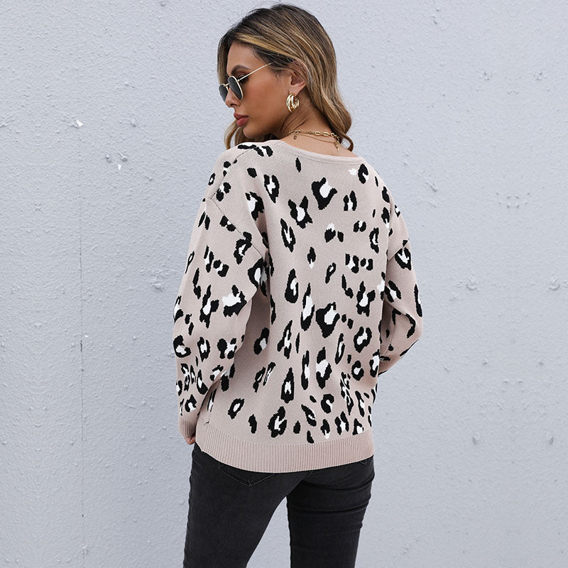 Damen Strickpullover Leo-Print Lässig Norvielle