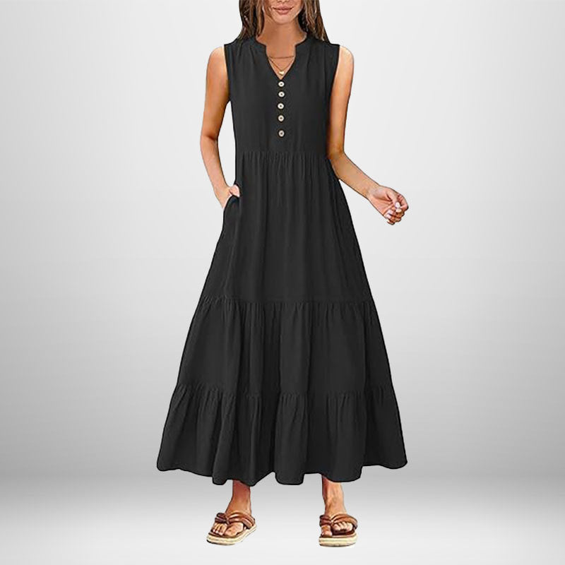 Damen Maxikleid Knöpfe Seitentaschen Norvielle