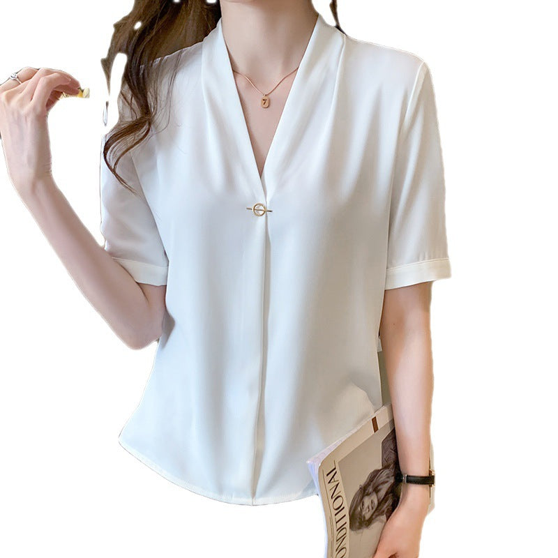 Damen Bluse V-Ausschnitt Pin-Verschluss Elegante Seide Beige