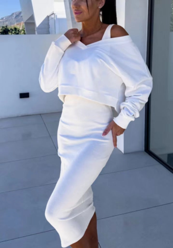 Damen Pullover Midikleid Set V-Ausschnitt Figurbetont
