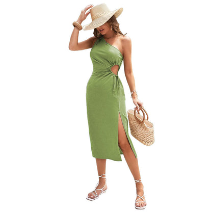 Damen Maxikleid Asymmetrischer Ausschnitt Raffung