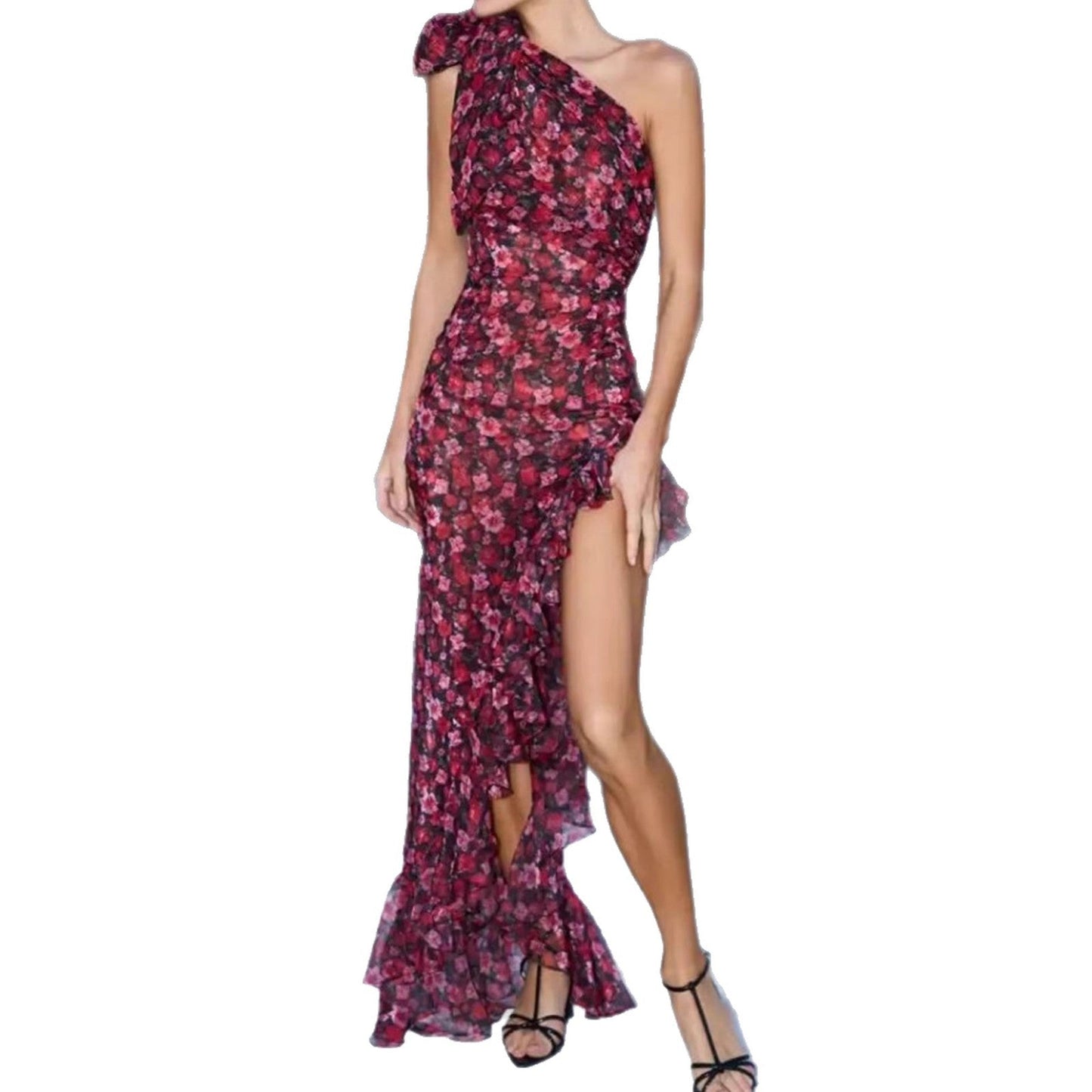 Damen Minikleid Asymmetrisch Floral mit Volantabschluss und
