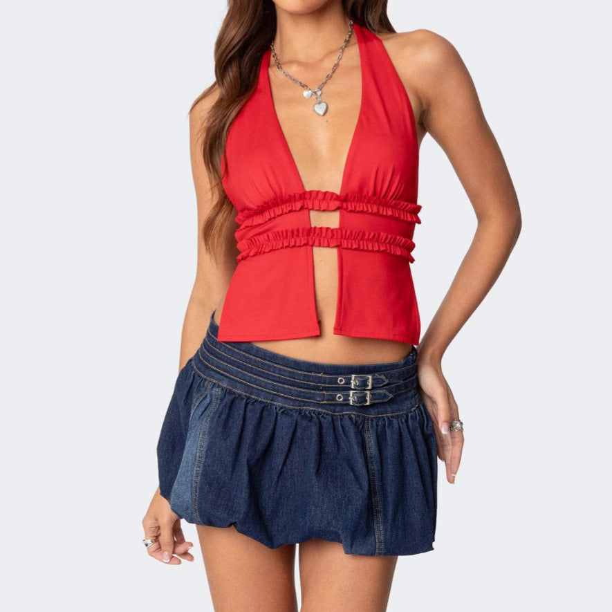 Damen Crop- Rüschendetails Cut-Out Oberteil Schwarz - Norvielle