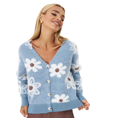 Damen Cardigan Floralmuster Knöpfe Beige