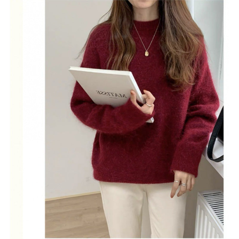 Norvielle Damen Pullover Mohair Mix Übergröße Rundhals Lange Ärmel