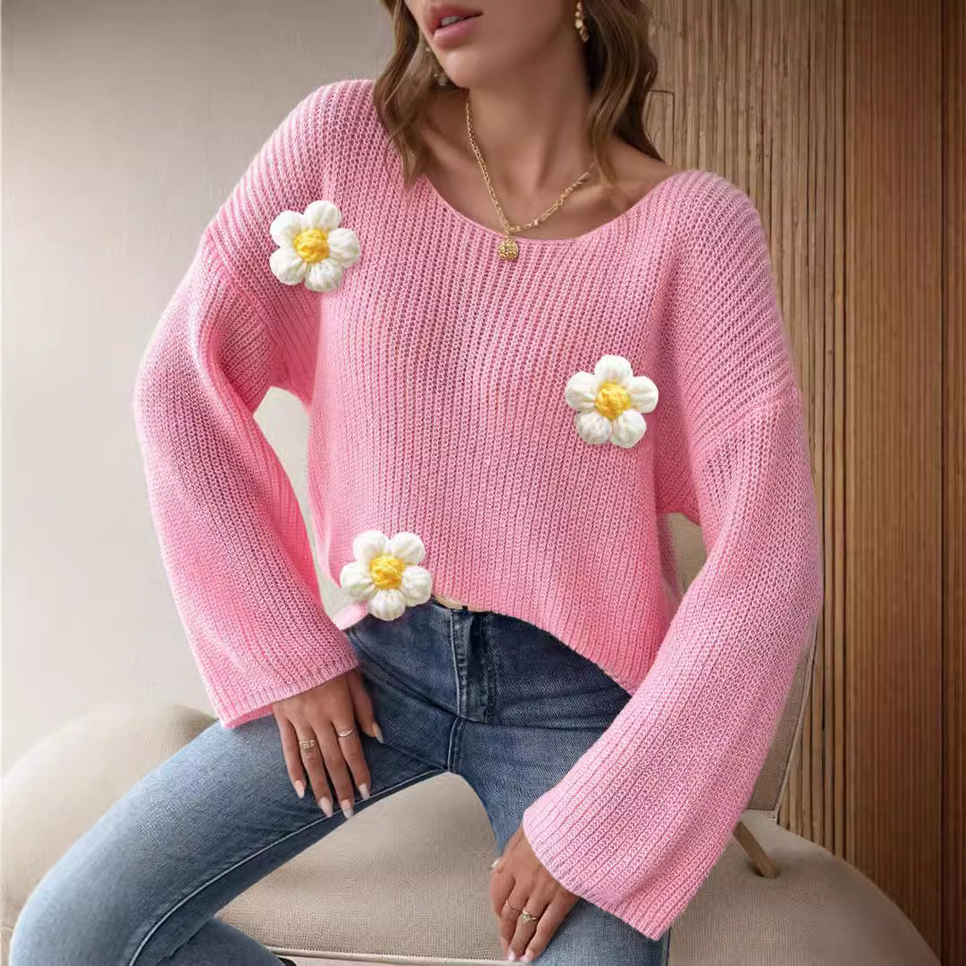 Damen Strickpullover Florales 3D-Design Weite Ärmel Norvielle - Norvielle