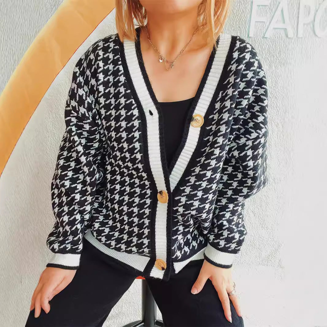 Damen Strickjacke Hahnentrittmuster Dekorative Knöpfe Norvielle