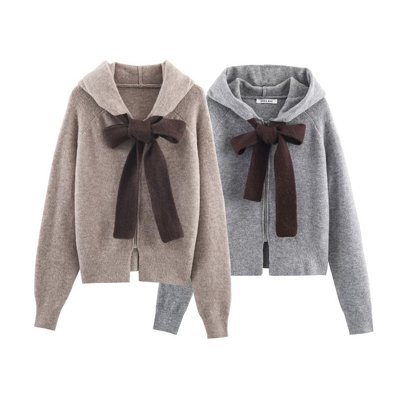 Damen Strickpullover Mit Kapuze Dekoratives Bindeband Norvielle - Norvielle