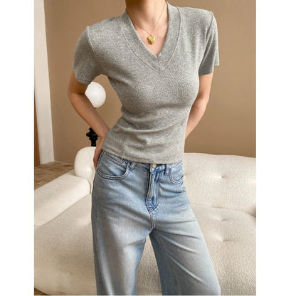 Damen V-Ausschnitt T-Shirt Rippstrick Norvielle