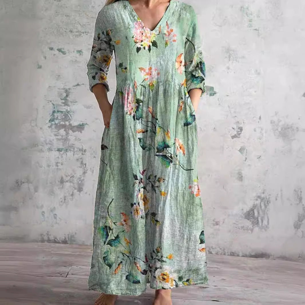 Damen Sommermaxikleid Blumenprint V-Ausschnitt Länge Langärmelig