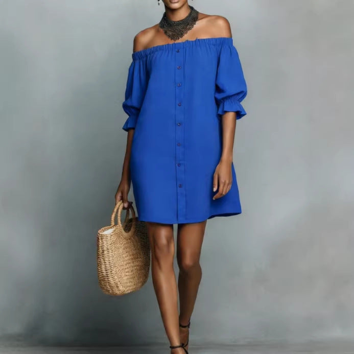 Damen Off-Shoulder Kleid Rüschen Knöpfe Norvielle - Norvielle