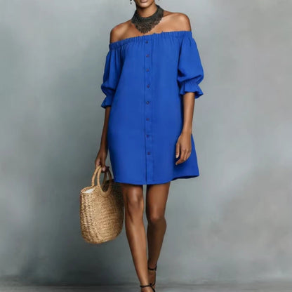 Damen Off-Shoulder Kleid Rüschen Knöpfe Norvielle - Norvielle