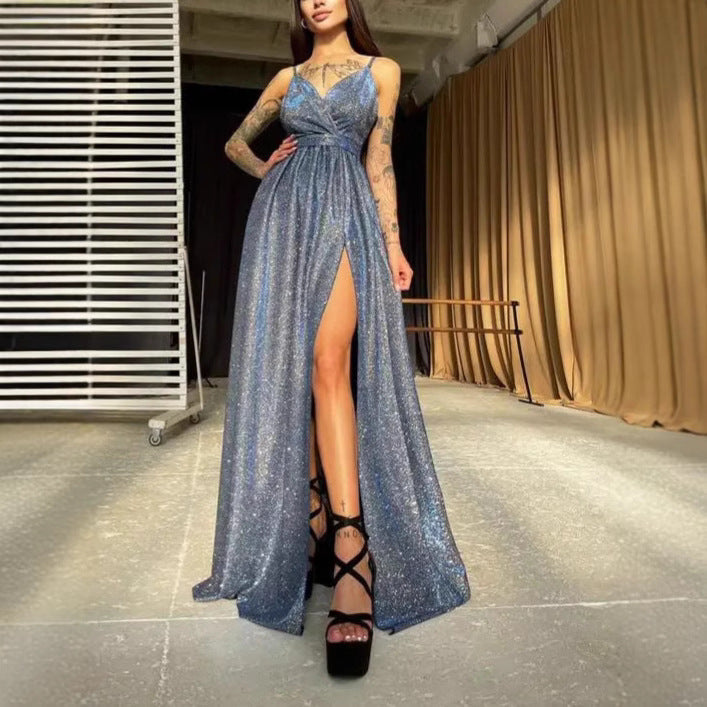 Damen Maxikleid Glitzer Effektdesign Tiefes Dekolleté