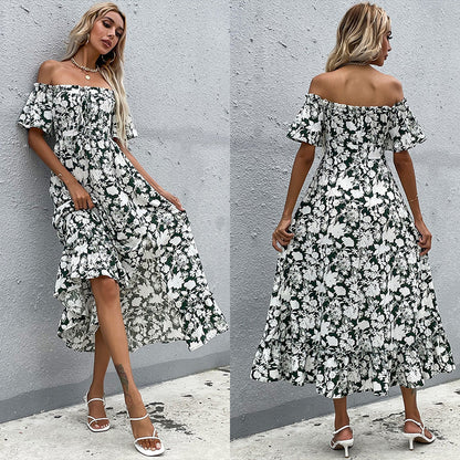 Damen Maxikleid Off-Shoulder Floralmuster Verspielter Schlitz