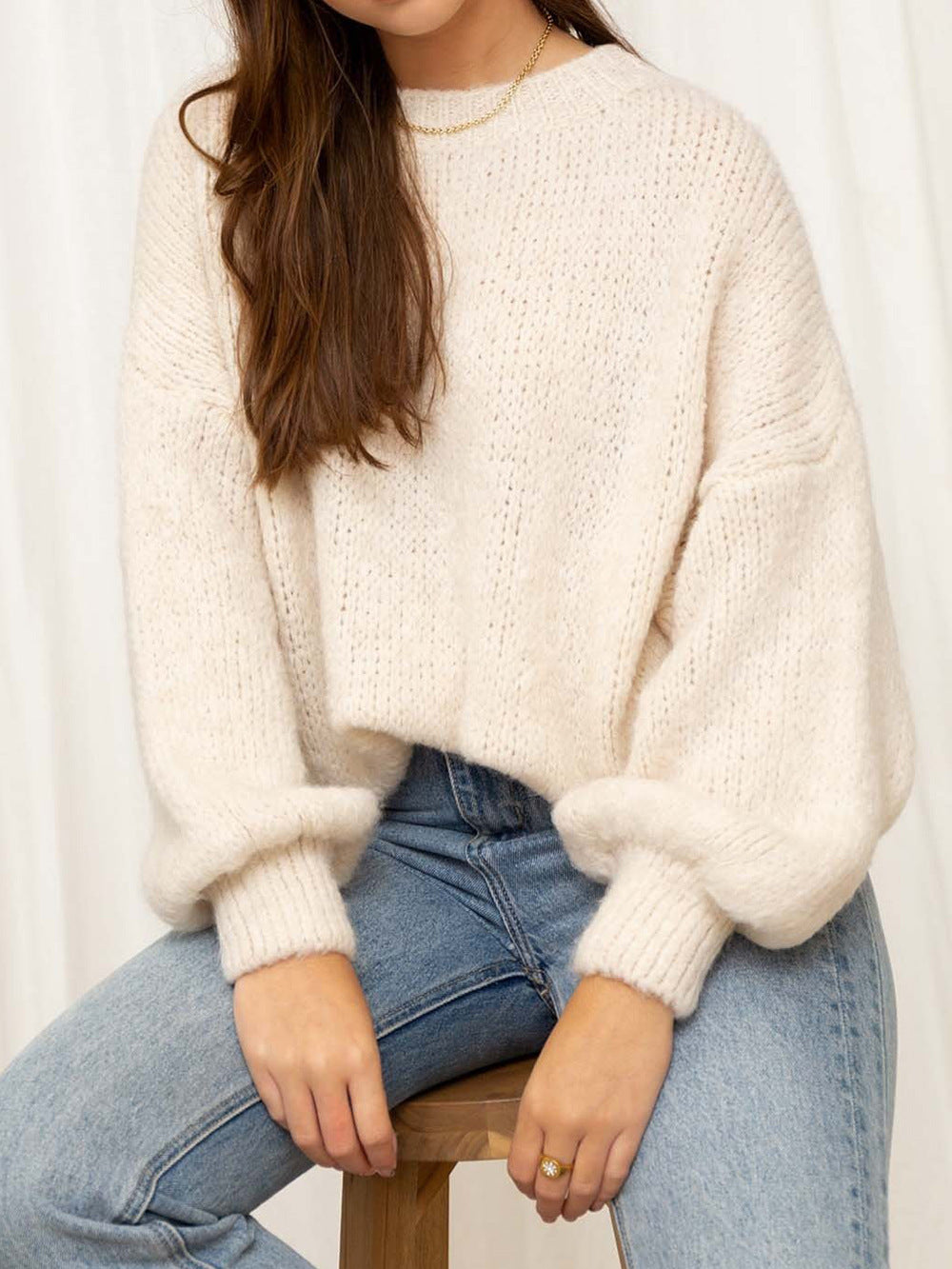 Damen Grobstrickpullover Übergroße Puffärmel Hochgeschlossener Kragen