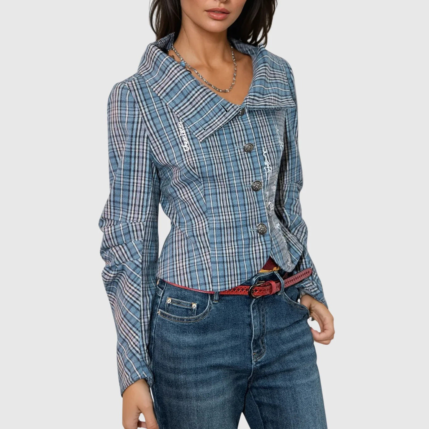 Damen Kurzjacke Kariert Knöpfe Norvielle