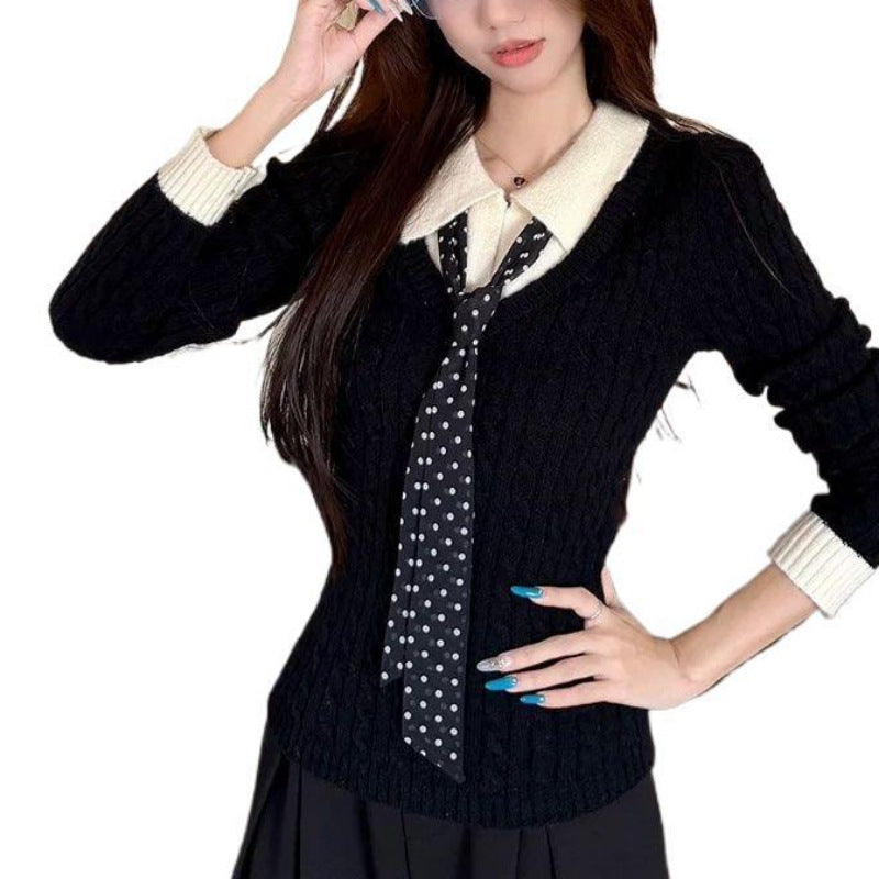 Damen Strickpullover mit Hemdkragen und Krawatte Ribbstruktur