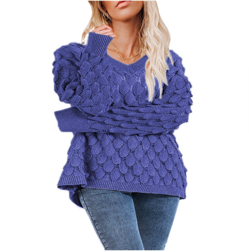 Damen Grobstrickpullover V-Ausschnitt Wellenmuster Norvielle